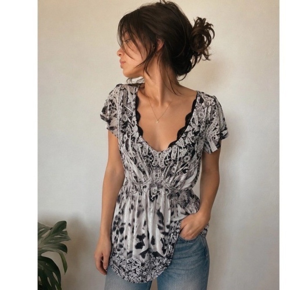 UNITY WORLD WEAR Tunic Blouse Lace Rhinestone Women M Black White Y2K Boho